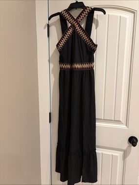 Black Maxi Dress with Embroidered Crisscross Straps